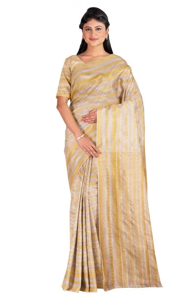 Off-White Tangail Handwoven Golden Zari Silk Saree - Retail Maharaj