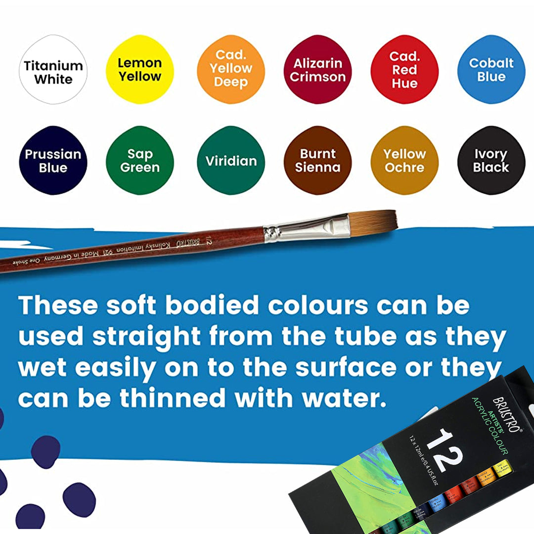 Brustro Artists Acrylic Colour Set Professional 12ml Tubes in 12 and 24 Shades