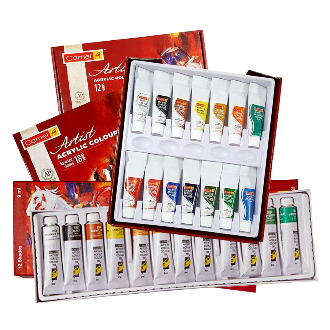 Camel Acrylic Colour Set of 12 and 18 Soft Creamy Artist Acrylic Paint for Canvas Wood Craft and Professional Art