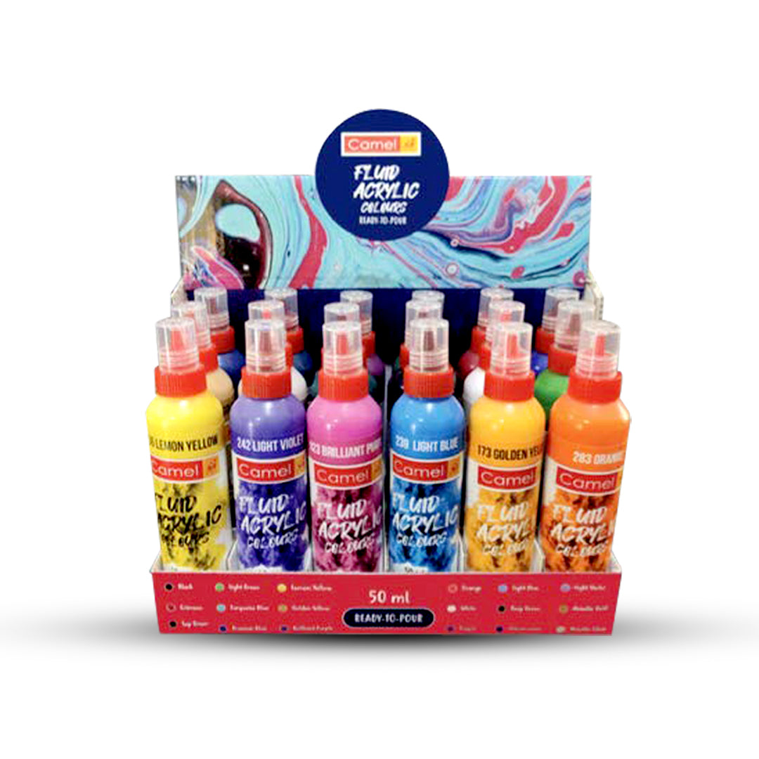 Camel Fluid Acrylic Colours Set of 18 Shades Pouring Ready Vibrant Fluid Paints for Art Canvas Craft and Mixed Media