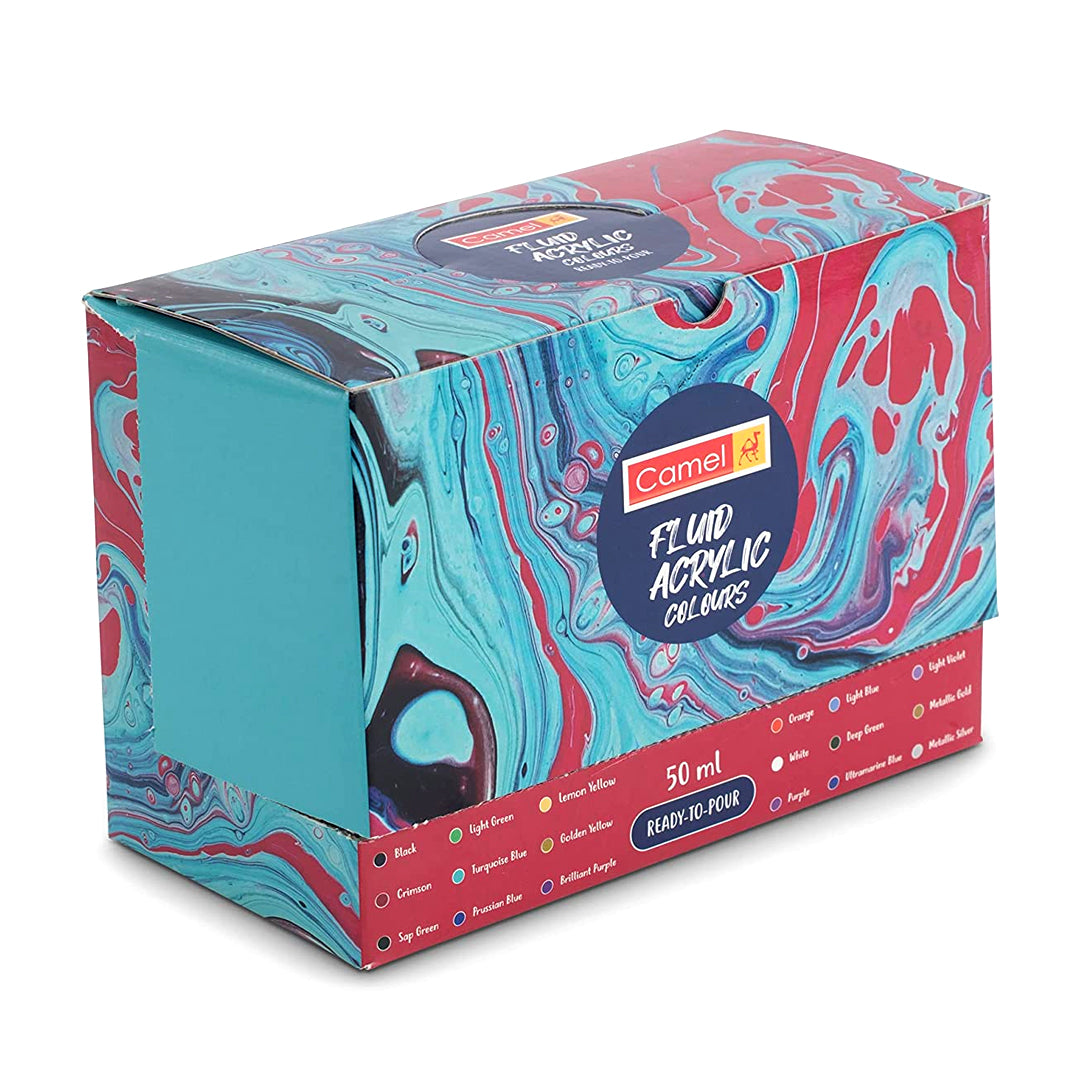 Camel Fluid Acrylic Colours Set of 18 Shades Pouring Ready Vibrant Fluid Paints for Art Canvas Craft and Mixed Media