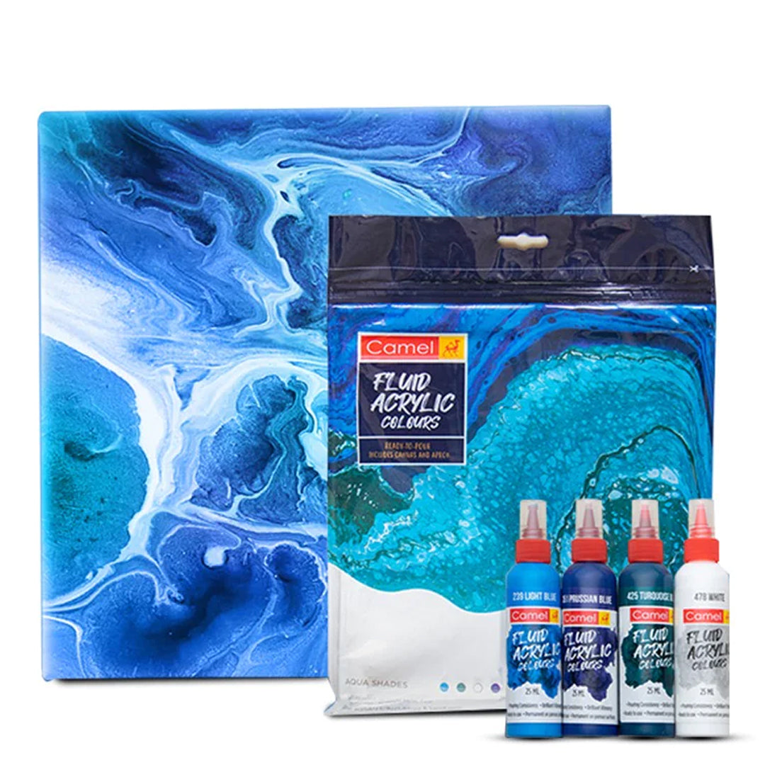 Camel Fluid Acrylic Sets Aqua Sunset Monochrome Pouring Ready Colours with Canvas Board for Easy Creative Art