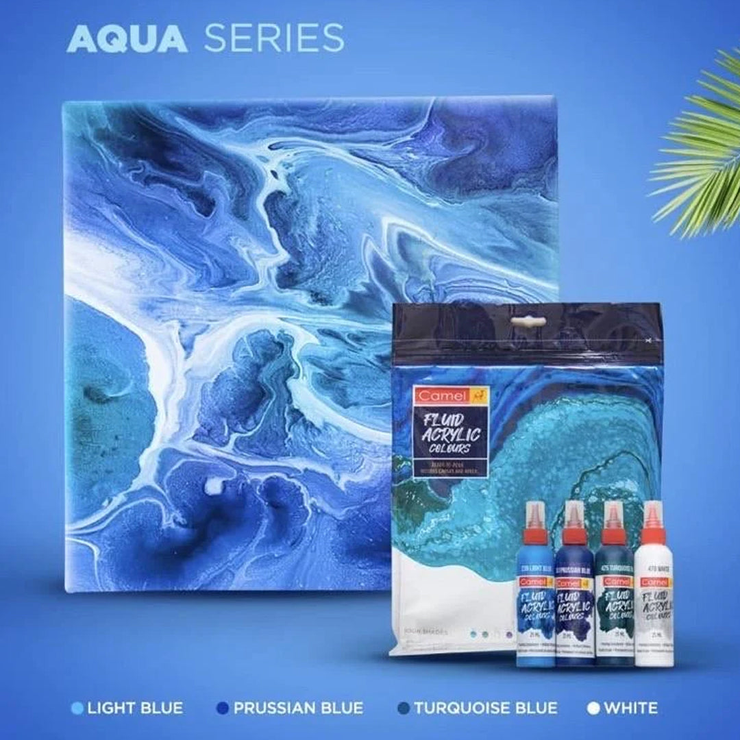 Camel Fluid Acrylic Sets Aqua Sunset Monochrome Pouring Ready Colours with Canvas Board for Easy Creative Art