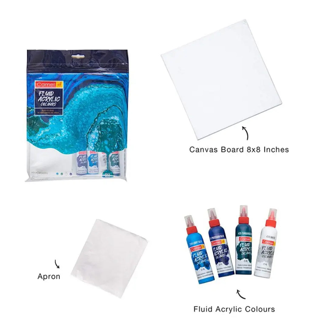 Camel Fluid Acrylic Sets Aqua Sunset Monochrome Pouring Ready Colours with Canvas Board for Easy Creative Art