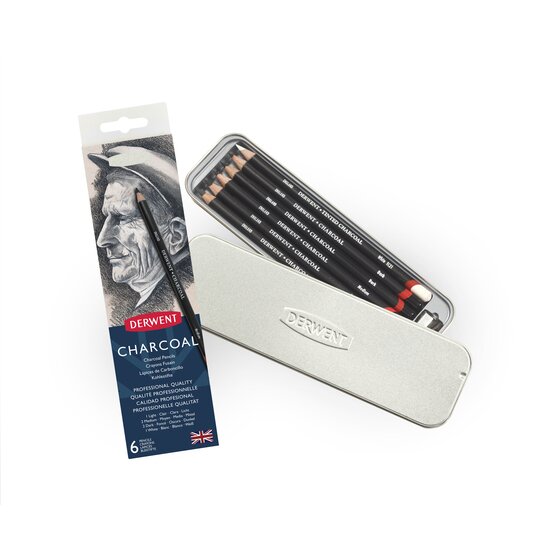 Derwent Charcoal Pencil Tin Set with Light Medium Dark and White
