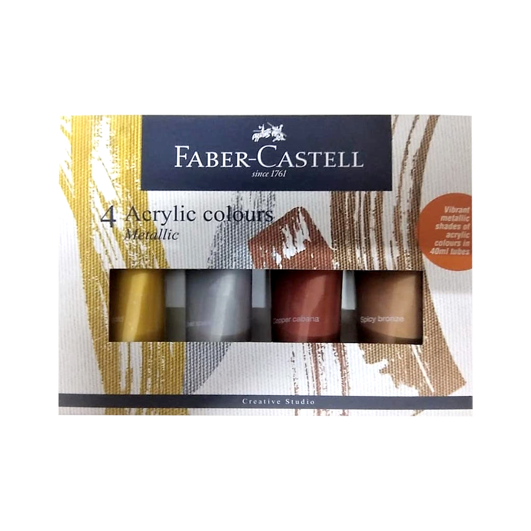 Faber Castell Creative Studio Metallic Acrylic Set of 4 Rich Glossy Metallic Paints for Canvas Wood Paper and Craft