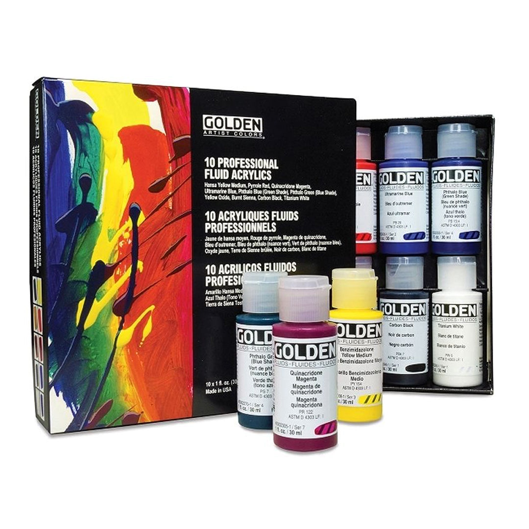 Golden Fluid Acrylic Professional Paint Set of 8 and 10 High Tinting Smooth Flow Artist Acrylics for Fine Detail Glazing and Water Media
