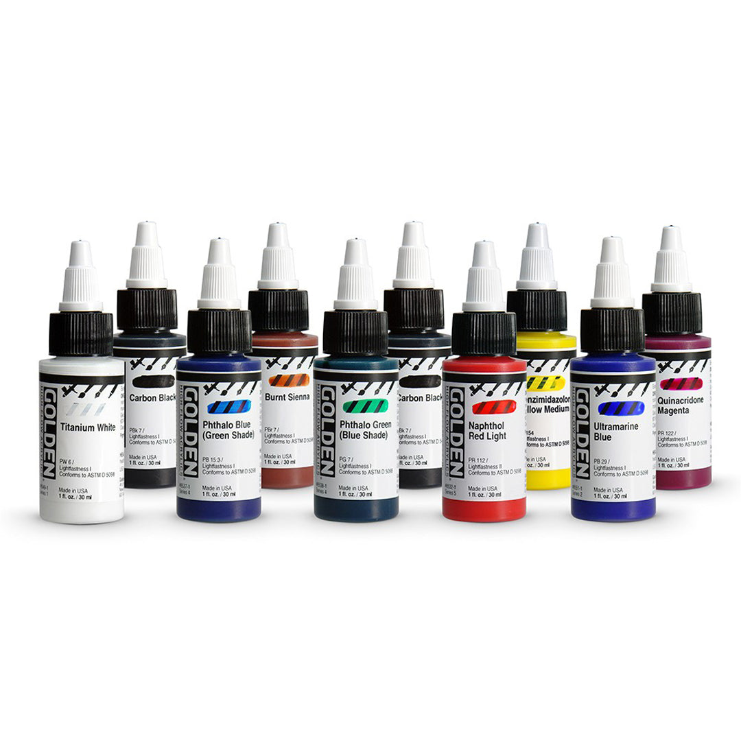 Golden High Flow Acrylic Opaque Set of 10 Ultra Pigmented Ink Like Acrylics for Brush Pen Airbrush and Mixed Media Art