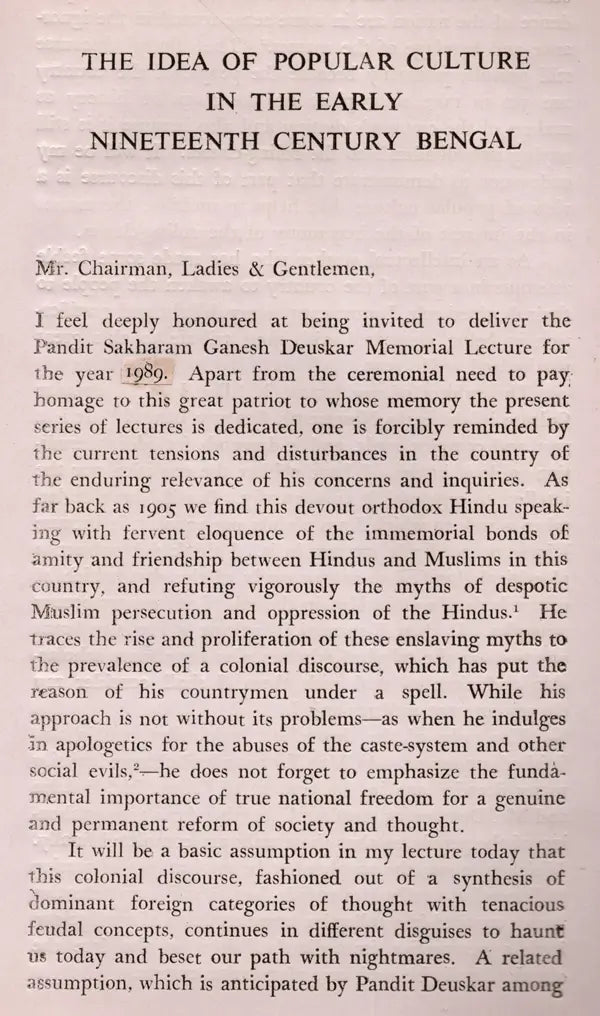 The Idea of Popular Culture in the Early Nineteenth Century Bengal (S. G. Deuskar Lectures on Indian History and Culture 1989) An Old and Rare Book - Retail Maharaj