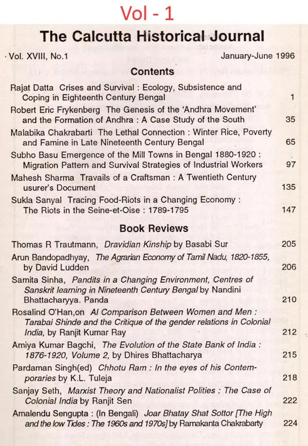 The Calcutta Historical Journal- Vol. XVIII, No. 1-2: Ecology, Subsistence and Coping in Eighteenth Century Bengal, Survey and Calender (Sic) of Marathi (Modi) Documents (1600-1818) from Aitihasika Lekha Sangraha (Set of 2 Volumes: An Old and Rare Book) - Retail Maharaj