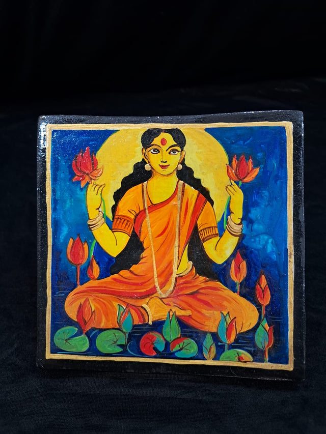 Hand-Painted Wooden Lakshmi Art Tile – “Grace of Prosperity” - Retail Maharaj