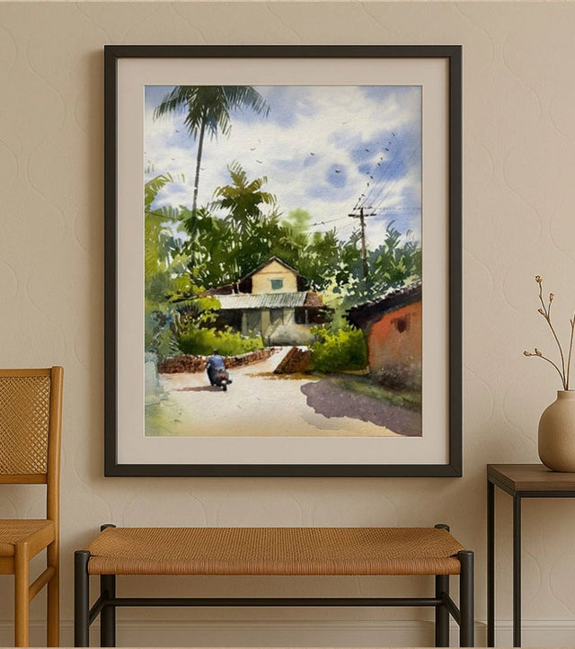 Morning Ride in Mafaswal – A3 Watercolor Painting by Ranjan Kurmi | Rural Landscape Art - Retail Maharaj