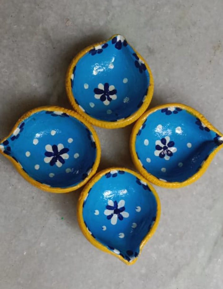 Autumn Bloom Diyas – Hand-Painted Terracotta Diyas by Underprivileged Children | Eco-Friendly Diwali Decorative Clay Lamps (Set of 4) - Retail Maharaj