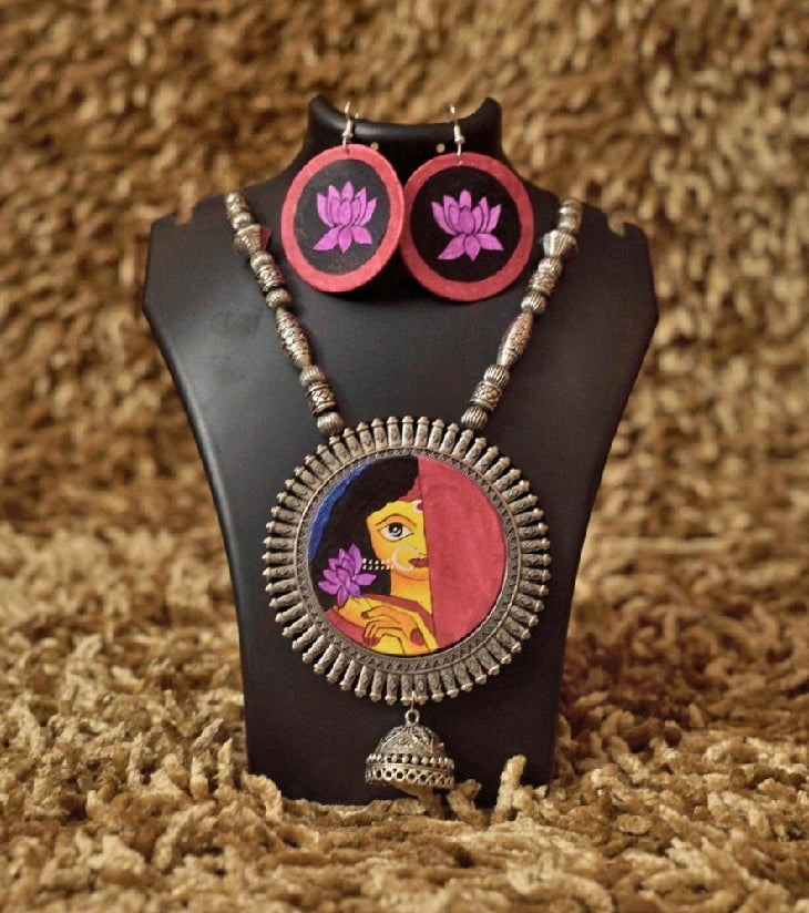 Shy Goddess Fusion Necklace – Hand-Painted Goddess Face with Lotus & Oxidized Silver Beads
