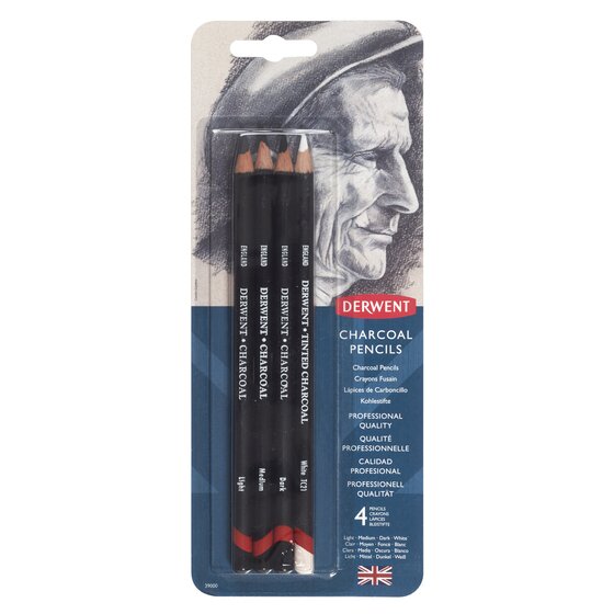 Derwent Charcoal Pencil Set with Light Medium Dark and White Shades