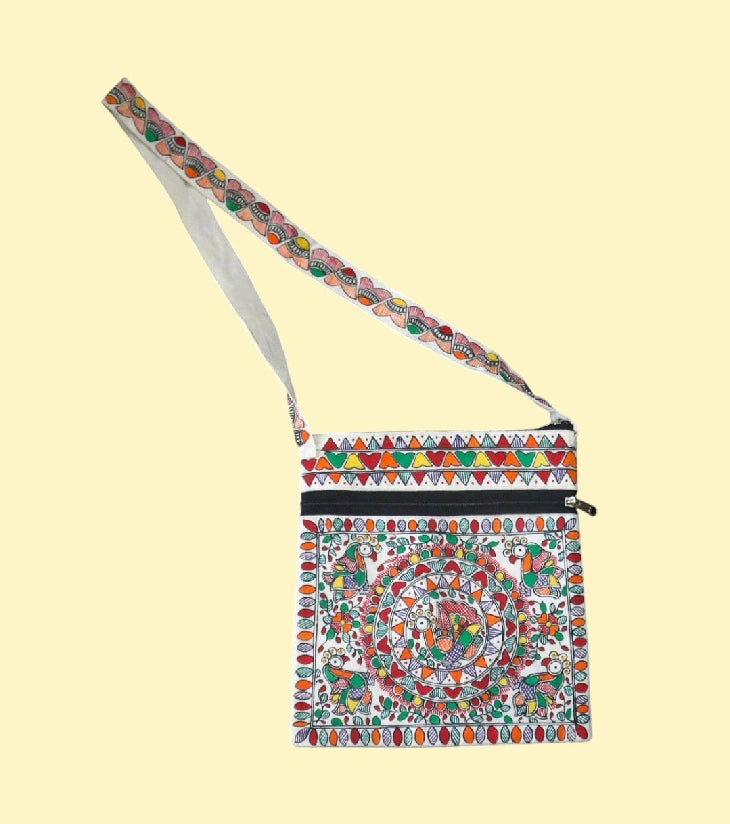 Madhubani Harmony Hand-Painted Cotton Sling Bag – Folk Art Crossbody with Bird & Floral Motifs | Eco-Friendly Artisan Bag for Women - Retail Maharaj