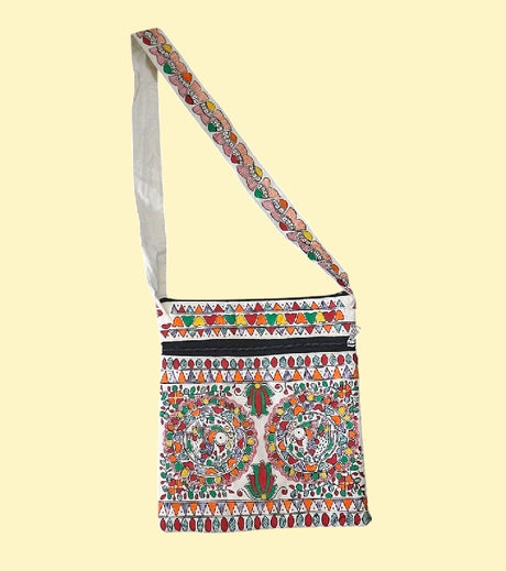 Madhubani Magic Hand-Painted Cotton Sling Bag – Indian Folk Art Crossbody with Nature-Inspired Motifs | Eco-Friendly Canvas Bag for Women - Retail Maharaj