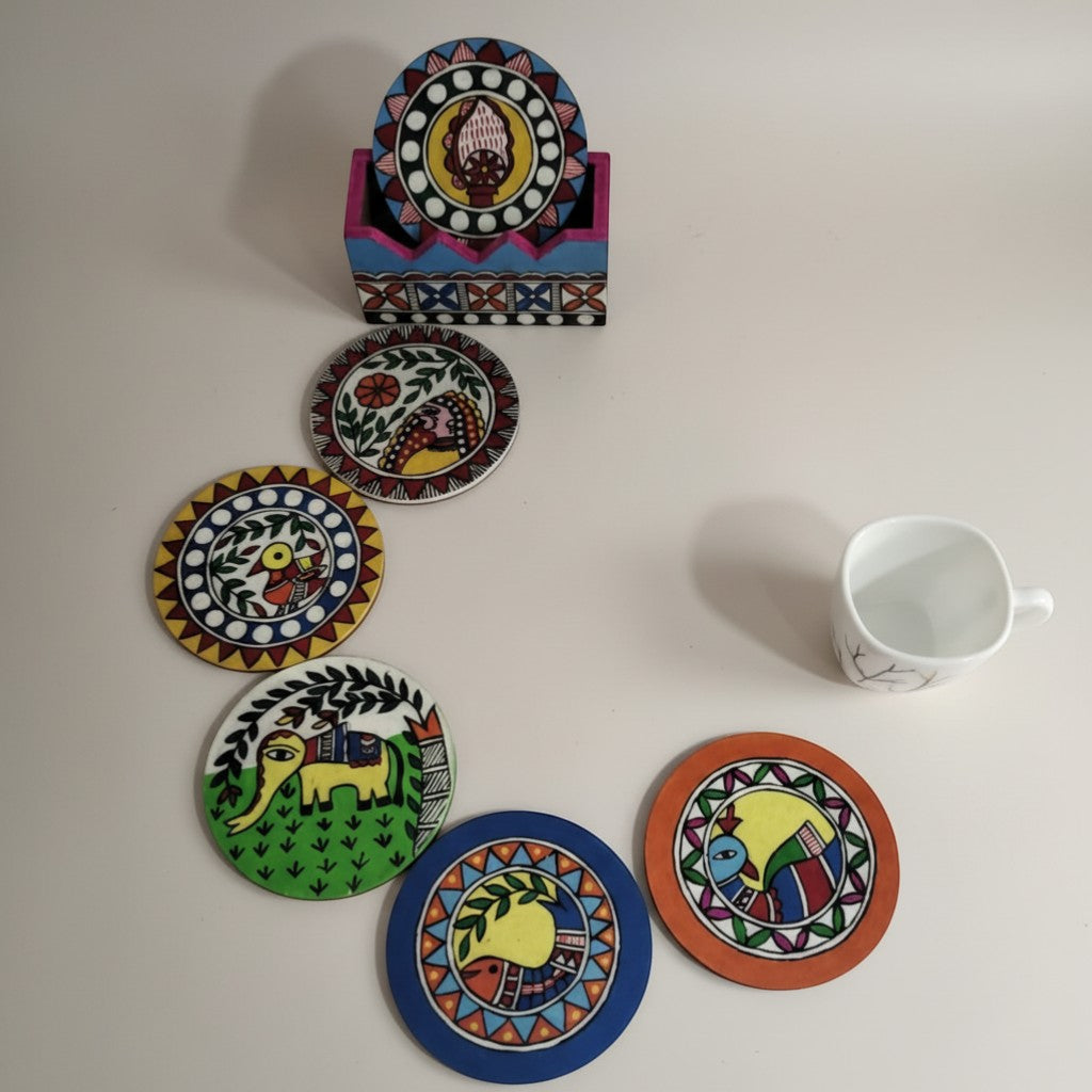 Handmade Madhubani Tea Coaster Set – Wooden Mithila Art Coasters | Indian Folk Art Table Decor - Retail Maharaj