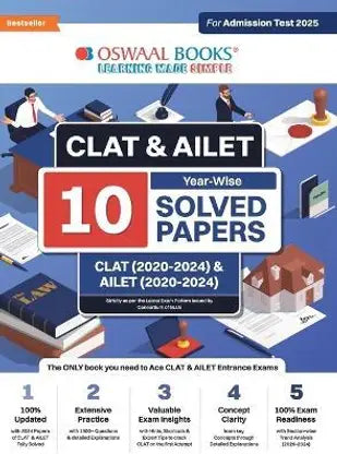 Oswaal CLAT & AILET 10 Previous Years Solved Papers - Year-Wise CLAT (2020 -2024) & AILET (2020 - 2024) For Admission Test 2025 - Retail Maharaj