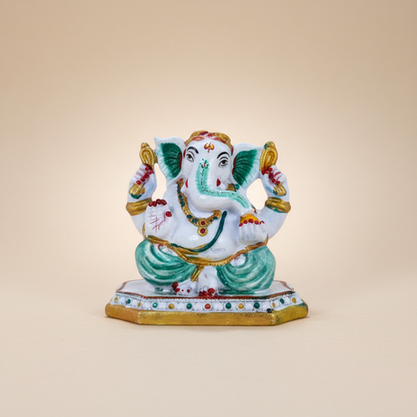 Ganesh Murti Sitting On Base – Painted Metal Vinayaka Statue / Ganpati Murti for Pooja (5 x 4.5 Inches) - Retail Maharaj