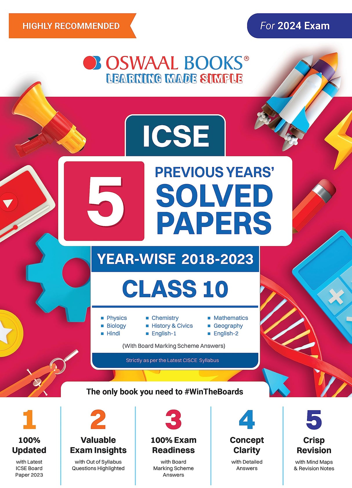 Oswaal Icse 5 Previous Year Solved Papers Yearwise 2018-2023, Class-10, Physics, Chemistry, Maths, Biology, History And Civics, Geography, Hindi, English 1, English 2 - Retail Maharaj