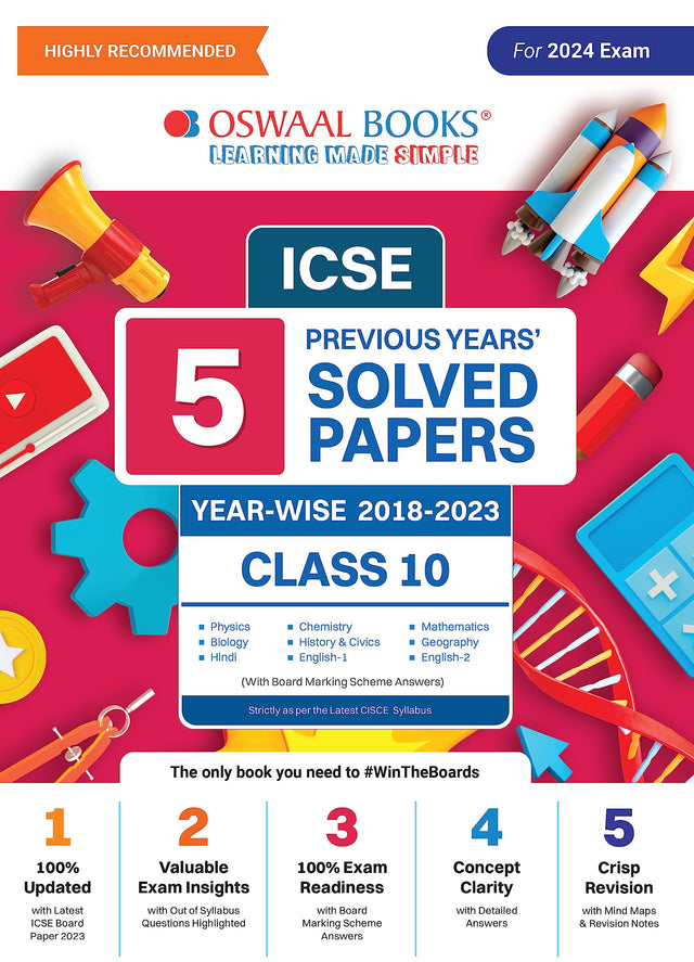 Oswaal Icse 5 Previous Year Solved Papers Yearwise 2018-2023, Class-10, Physics, Chemistry, Maths, Biology, History And Civics, Geography, Hindi, English 1, English 2 - Retail Maharaj