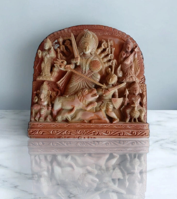 Soapstone Carving – Goddess Durga Slaying Mahishasura – Handcrafted Spiritual Masterpiece