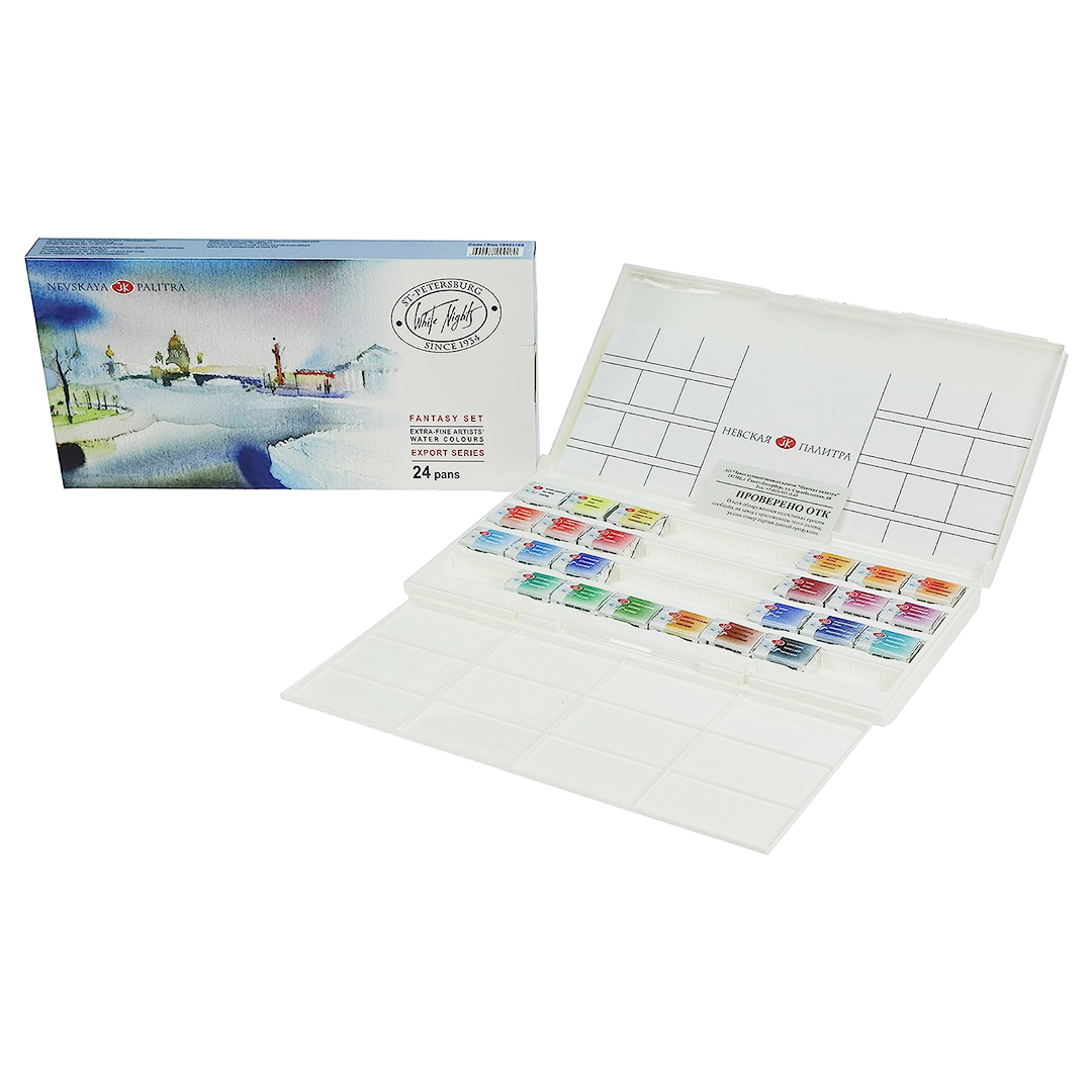 White Night Artists Watercolour Fantasy & Landscape Set of 24 Whole Pans Plastic Box